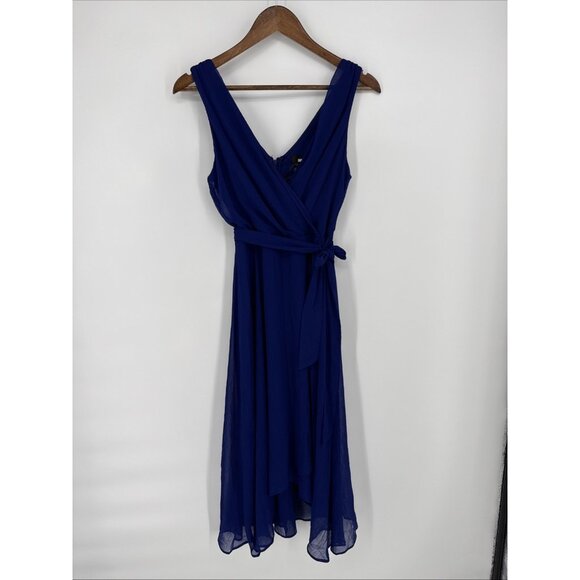 Dkny Womens Size 6 Blue Chiffon High-Low Sleeveless V-Neck Tie Waist Midi Dress - Picture 3 of 10